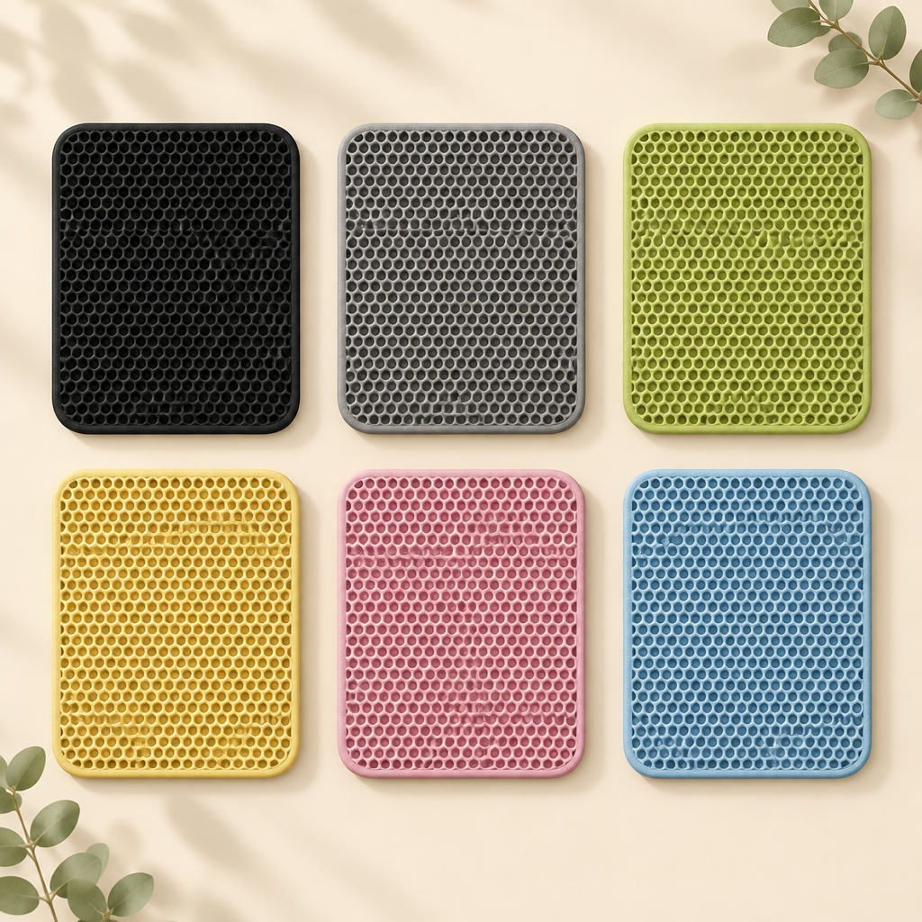 Double-layer EVA cat litter mats in black, gray, green, yellow, pink and blue on a warm cream background