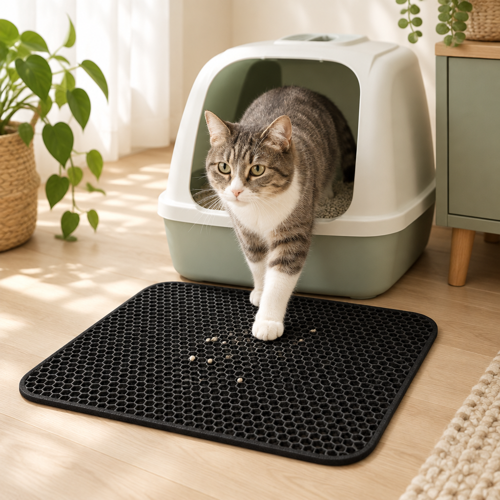 Cat stepping from a litter tray onto a black honeycomb EVA litter mat in a warm home