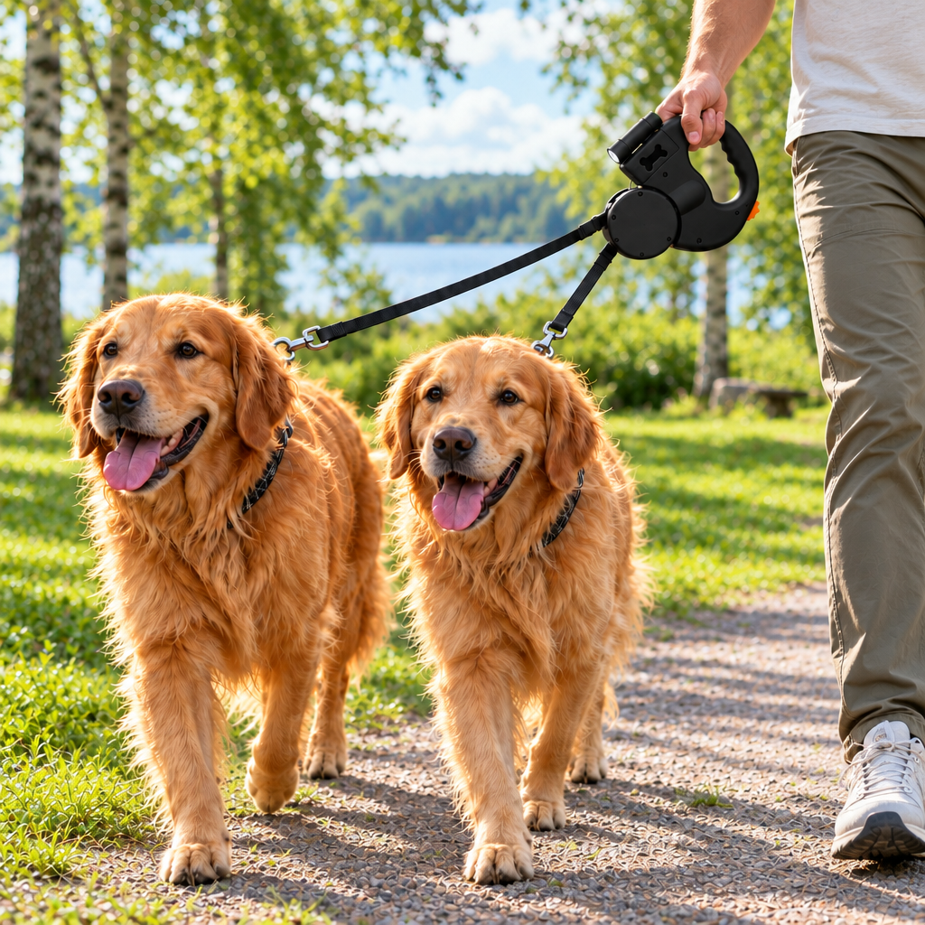 Two dogs walking on a retractable leash in summer sunshine, leash light off