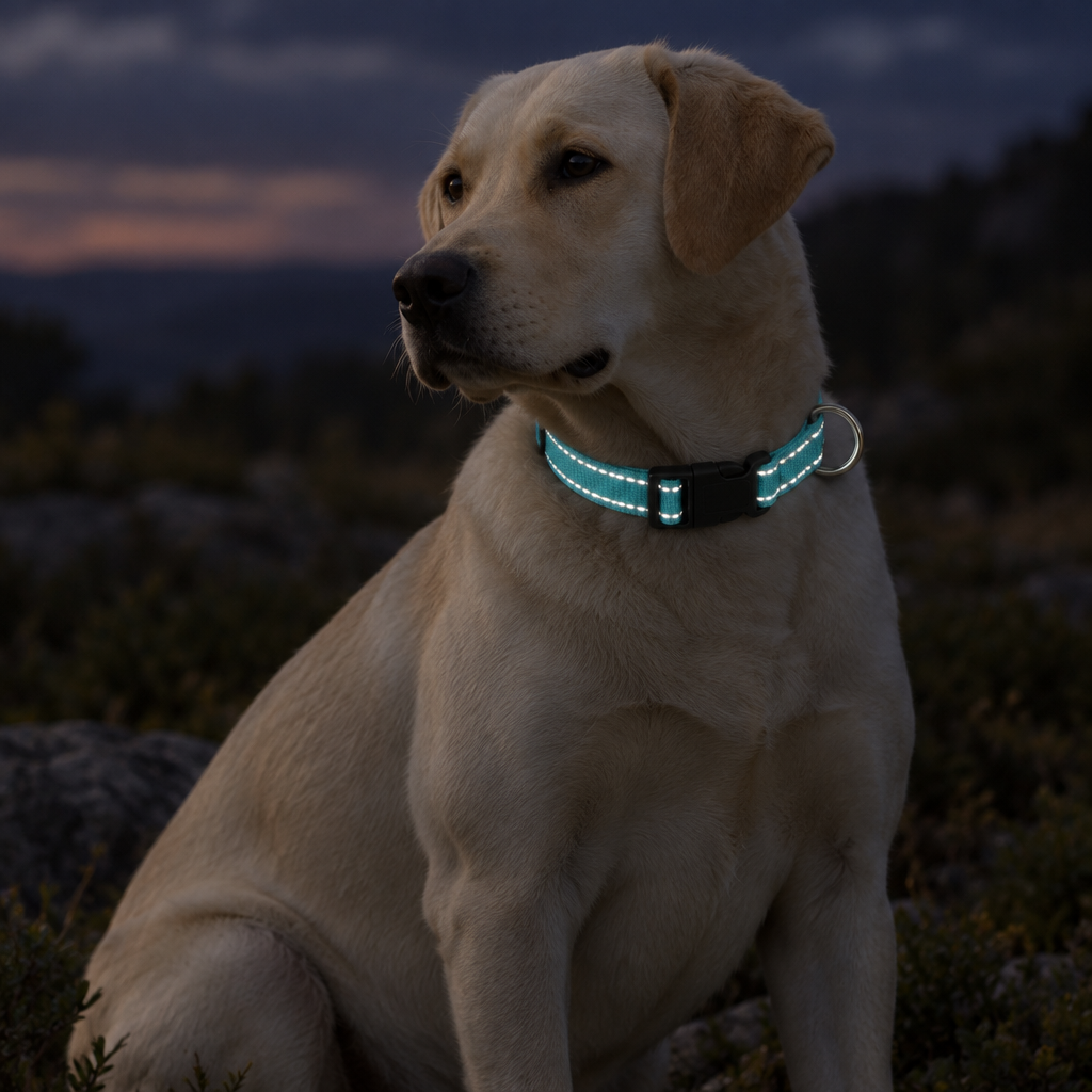 Dog wearing a blue reflective collar at dusk with reflective threads catching incoming light