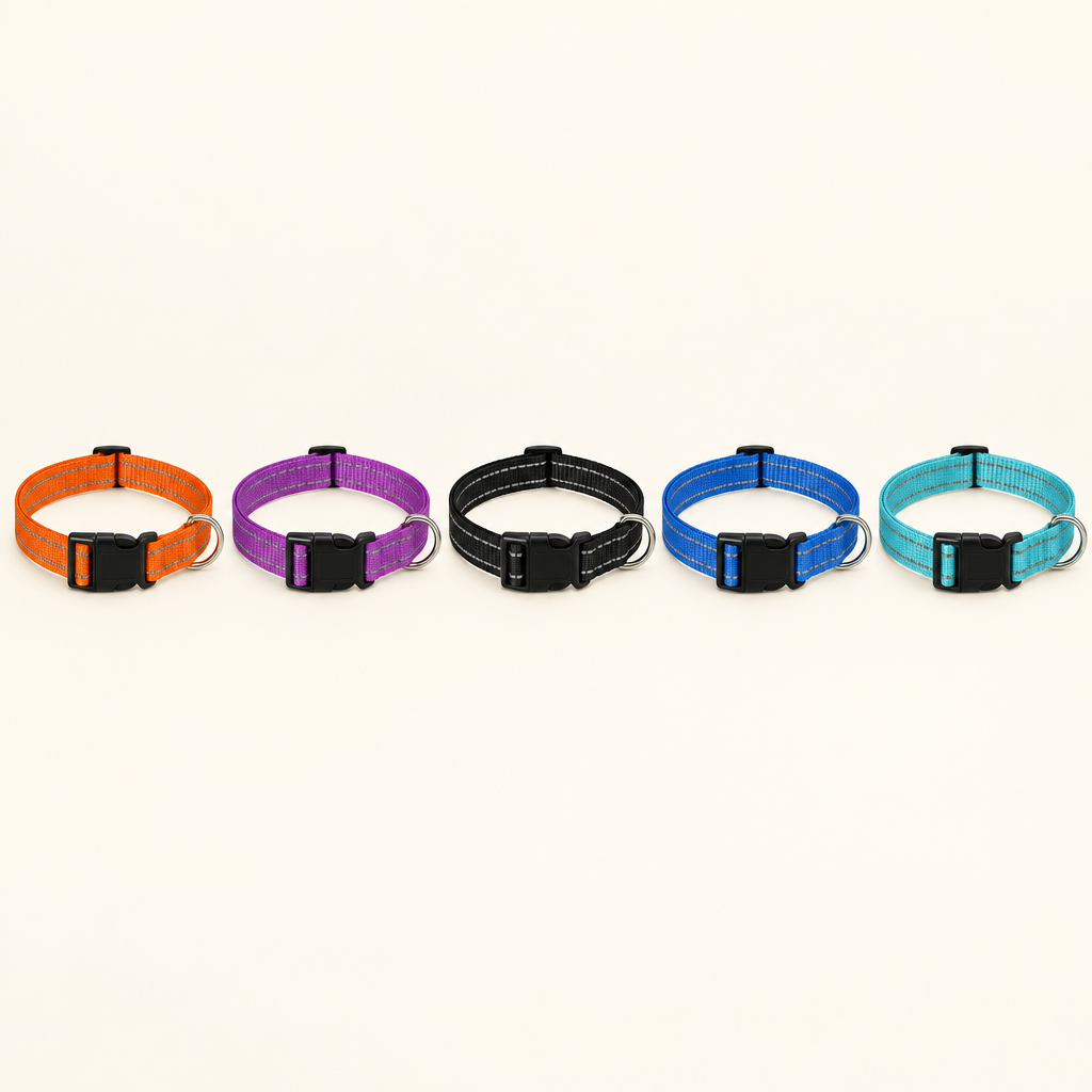 Five colors of the adjustable reflective dog collar: orange, purple, black, blue, and light aqua