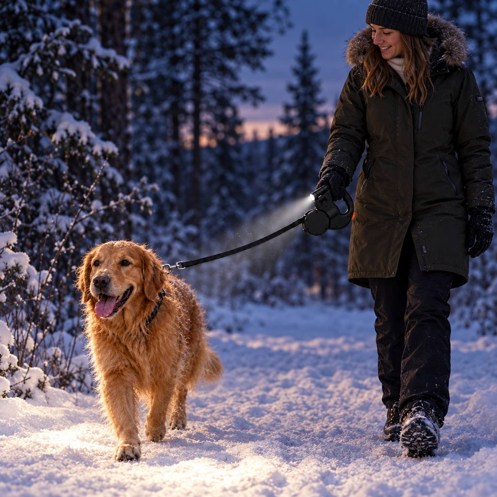 Winter evening dog walk with leash flashlight on; poop bag dispenser remains unlit