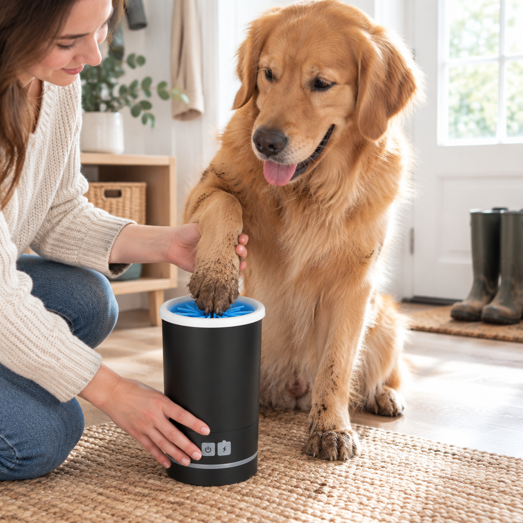 Dog paw being cleaned with the Paw Cleaner Cup after a walk