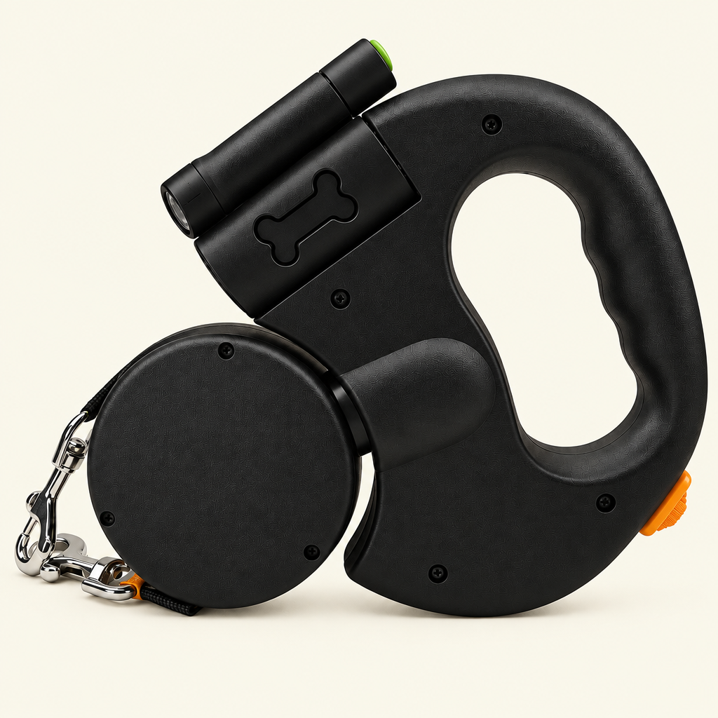Black retractable dog leash on warm cream background, lights off