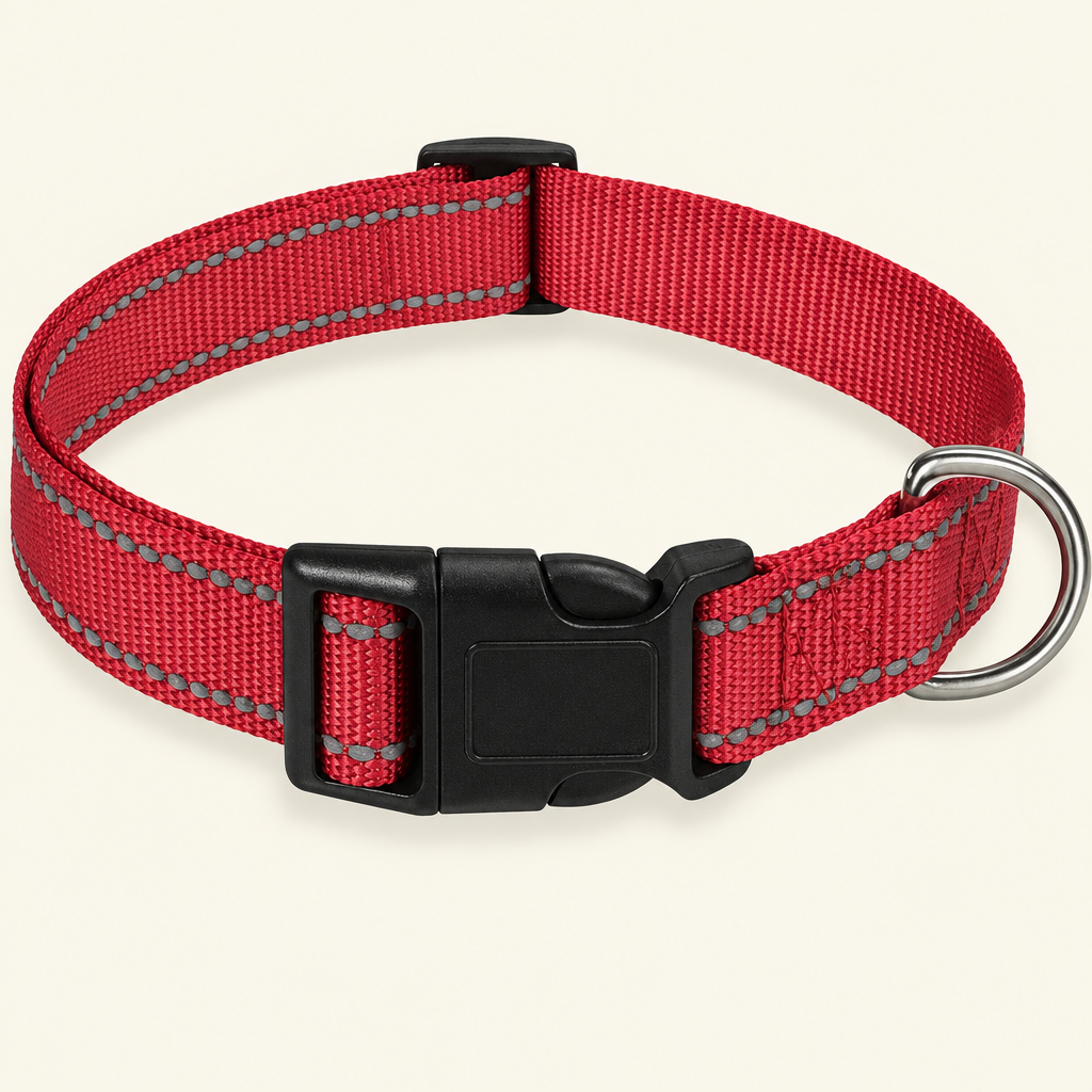 Red adjustable dog collar with reflective trim on a warm cream background
