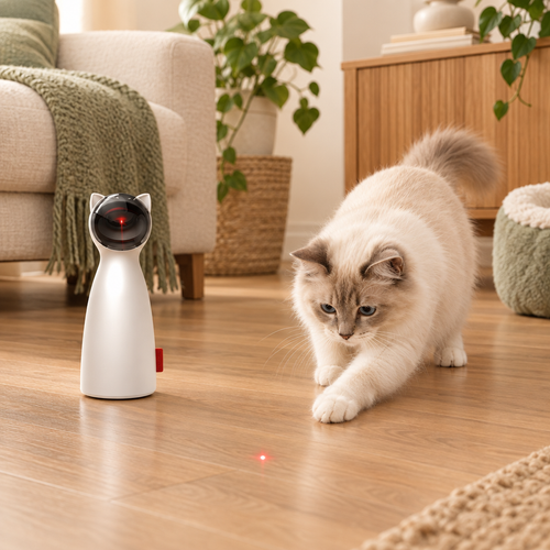 Kissa leikkii laserlelulla kodin lattialla